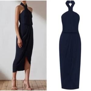 SHONA JOY Navy Blue Core Knot Draped Halter Midi Slit Dress Size US 6 cocktail